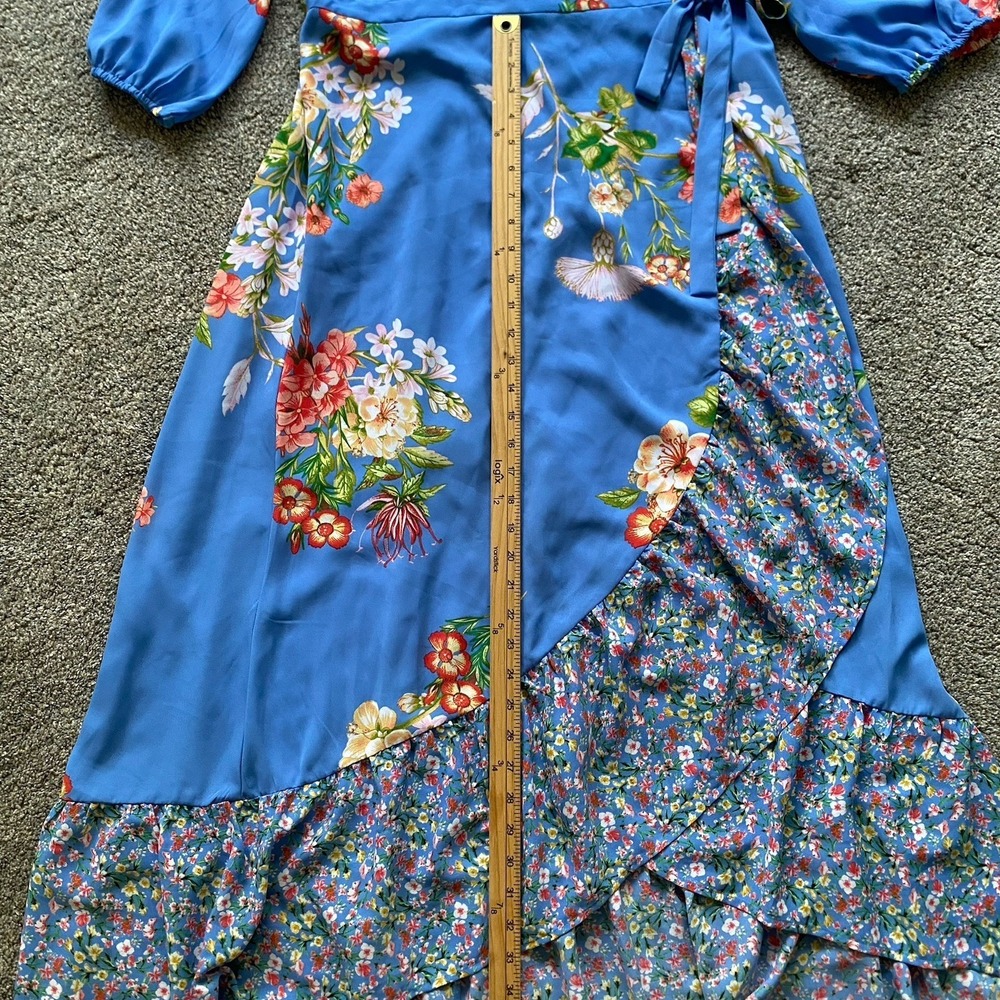 Wrap High Low Floral Dress Size L Blue Ruffled Romantic Cottage Feminine - Picture 11 of 12